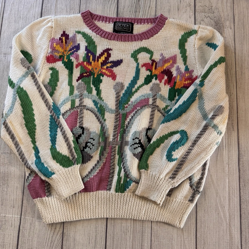 Vintage Berek Hand Knit Pima Cotton Floral Sweater Women's Large Uruguay Artsy